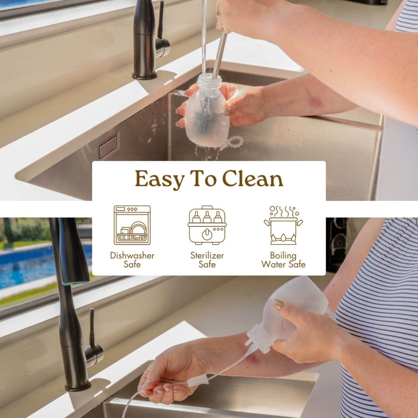 Person cleaning baby feeding tool under a kitchen sink with text 'Easy To Clean' and icons indicating safety for dishwasher, sterilizer, and boiling water.