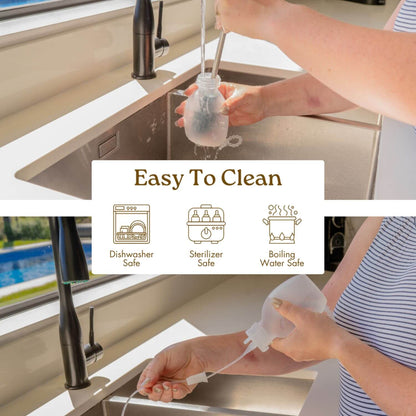 Person cleaning baby feeding tool under a kitchen sink with text 'Easy To Clean' and icons indicating safety for dishwasher, sterilizer, and boiling water.