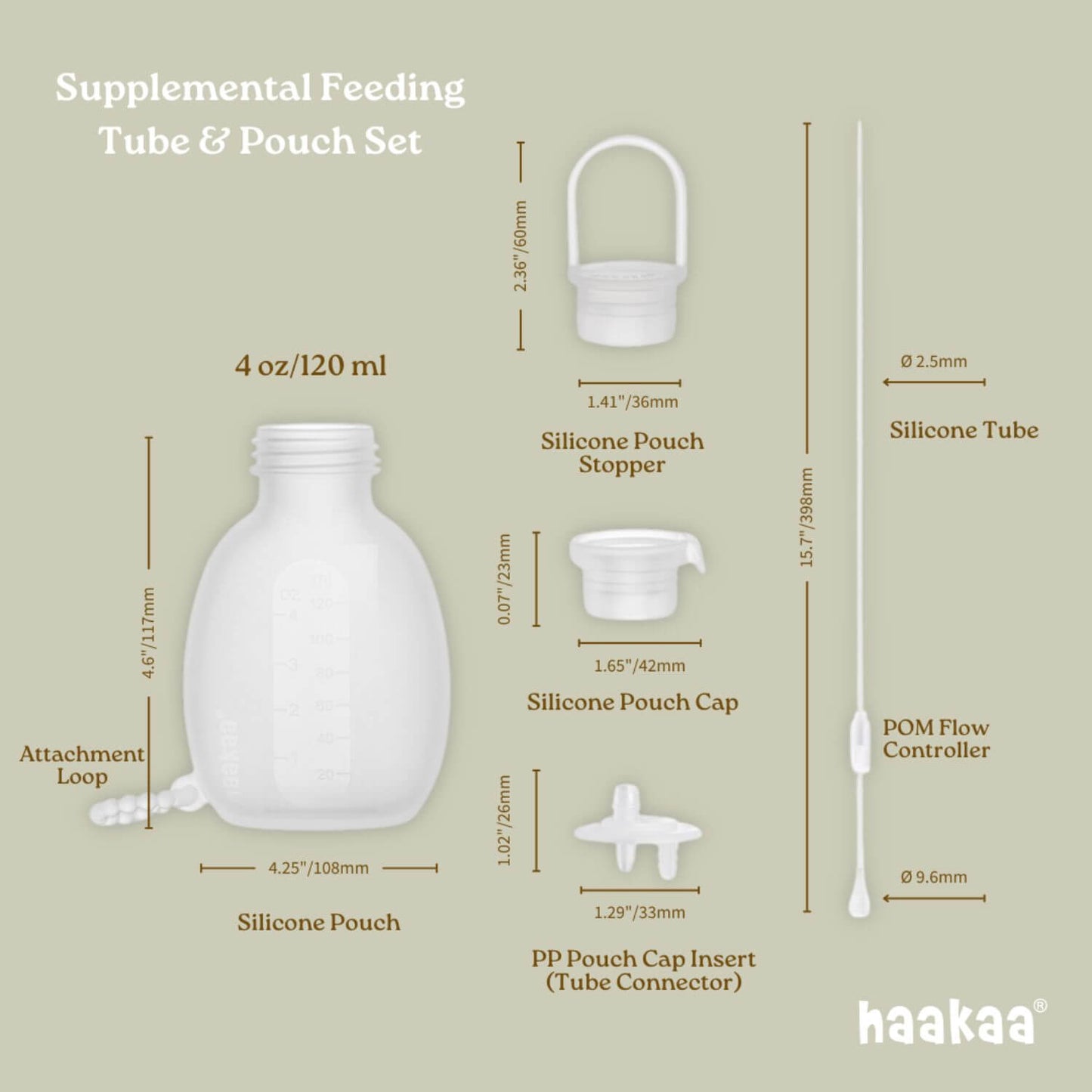 Supplemental feeding tube and pouch set with dimensions and haakaa branding on a beige background
