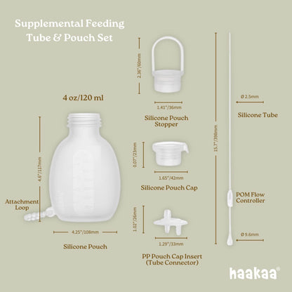 Supplemental feeding tube and pouch set with dimensions and haakaa branding on a beige background