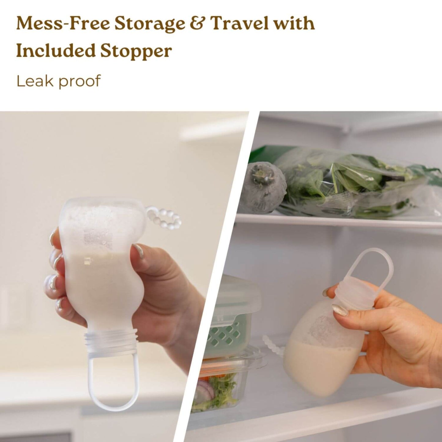 Hand holding a breast pump with a leak-proof container in a refrigerator.