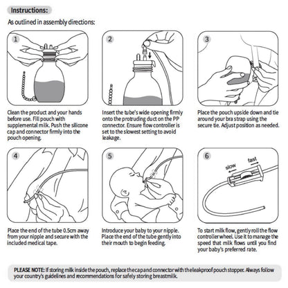 Step-by-step assembly and usage instructions for a breast milk storage and feeding device.