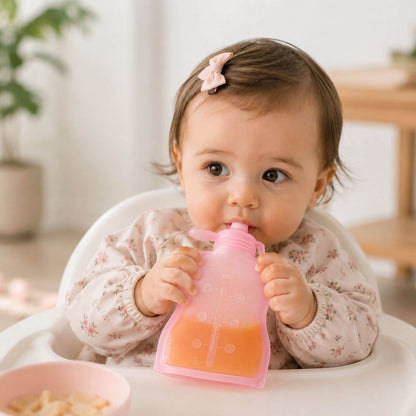 Baby holding a pink pouch with orange juice, sitting on a white surface.