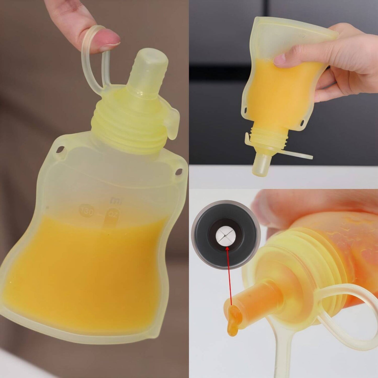 Silicone feeding pouch with yellow liquid held by a hand on a plain background