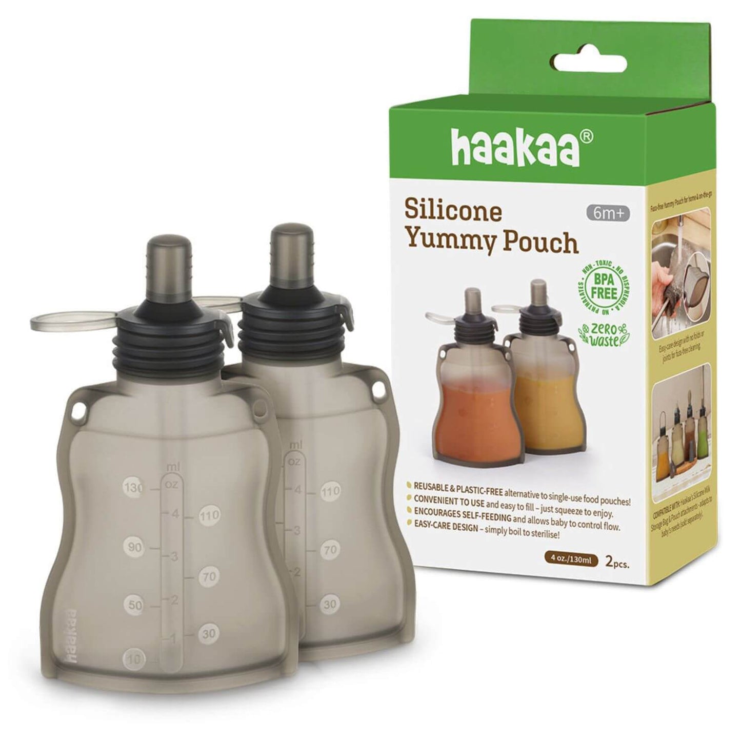 Haakaa silicone pouches with packaging on a white background