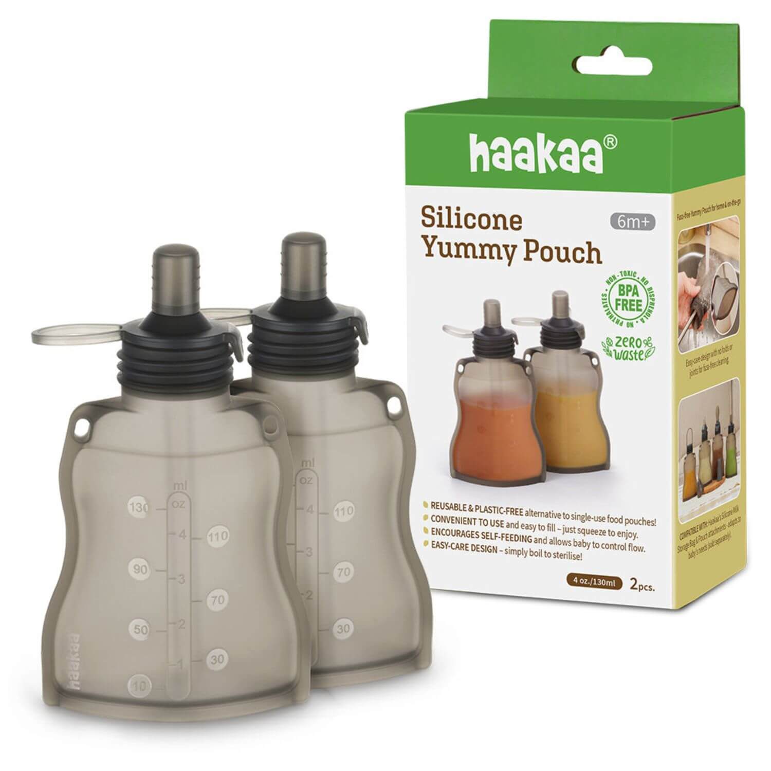 Haakaa silicone pouches with packaging on a white background