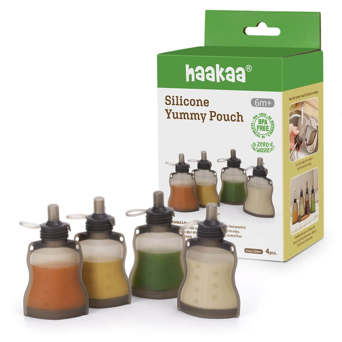 Haakaa silicone yummy pouches with colorful liquids in front of their packaging box.