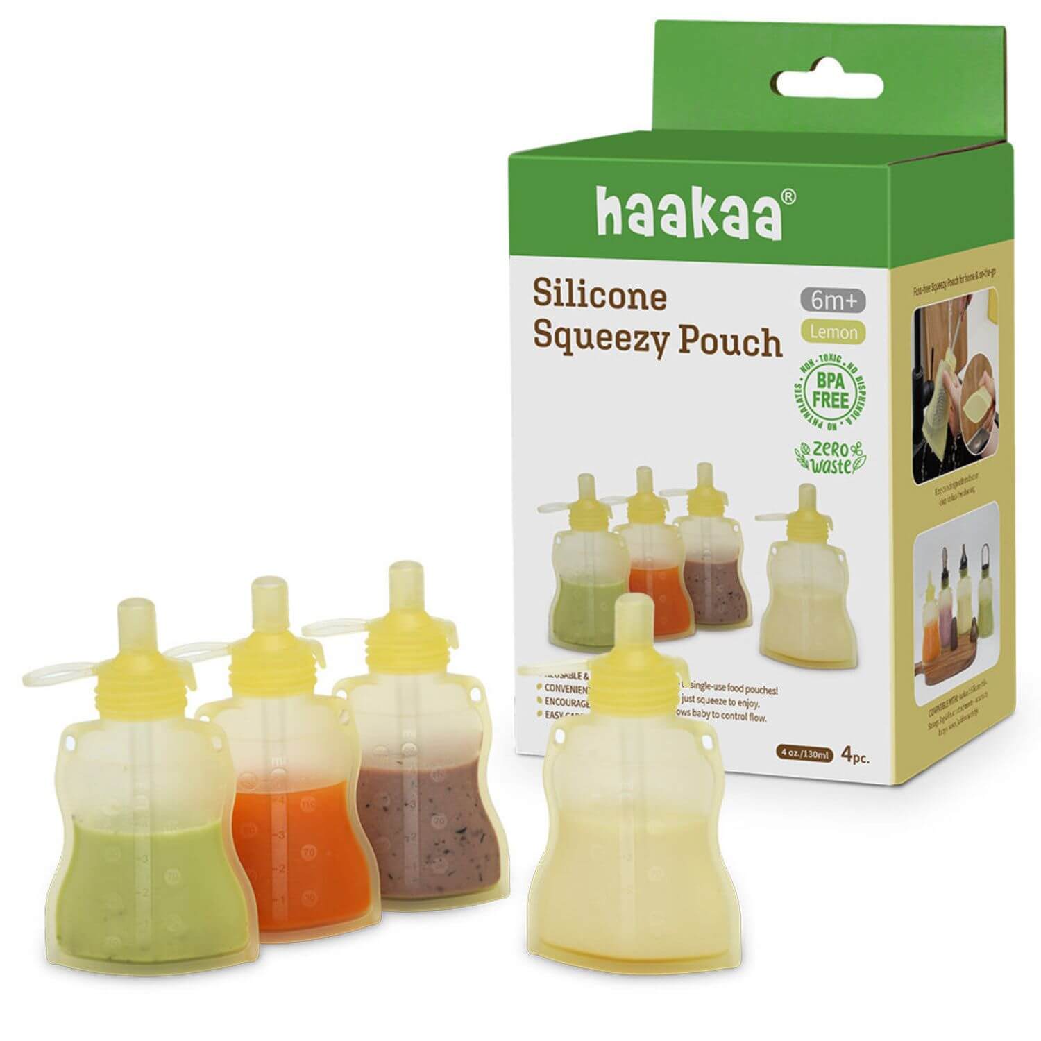 Haakaa silicone squeezable pouches with packaging on a white background