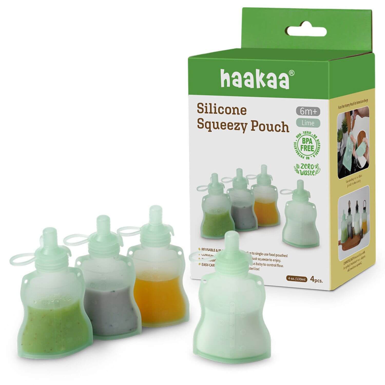 Haakaa silicone squeezable pouches with packaging on a white background