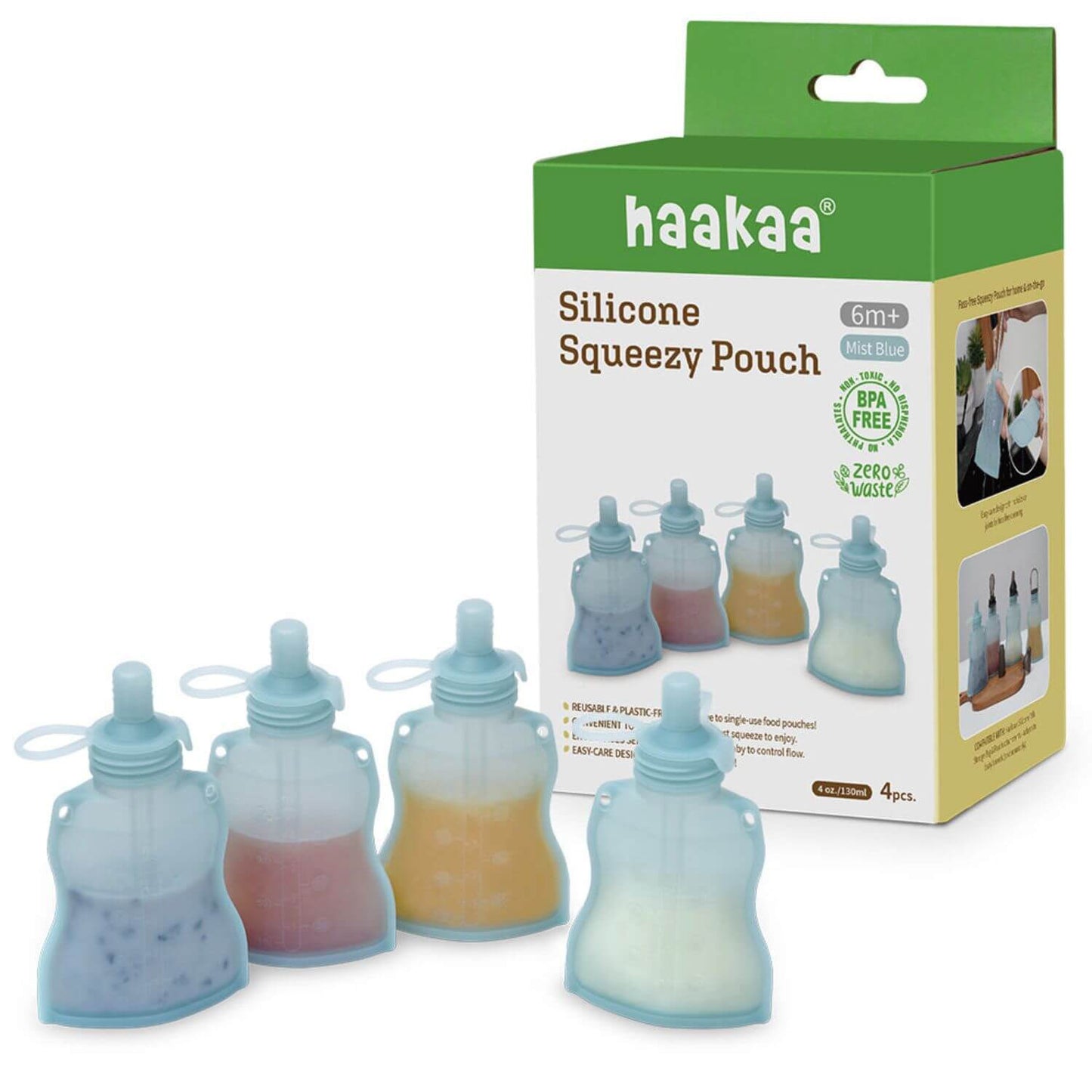 Haakaa silicone squeeze pouches with packaging on a white background