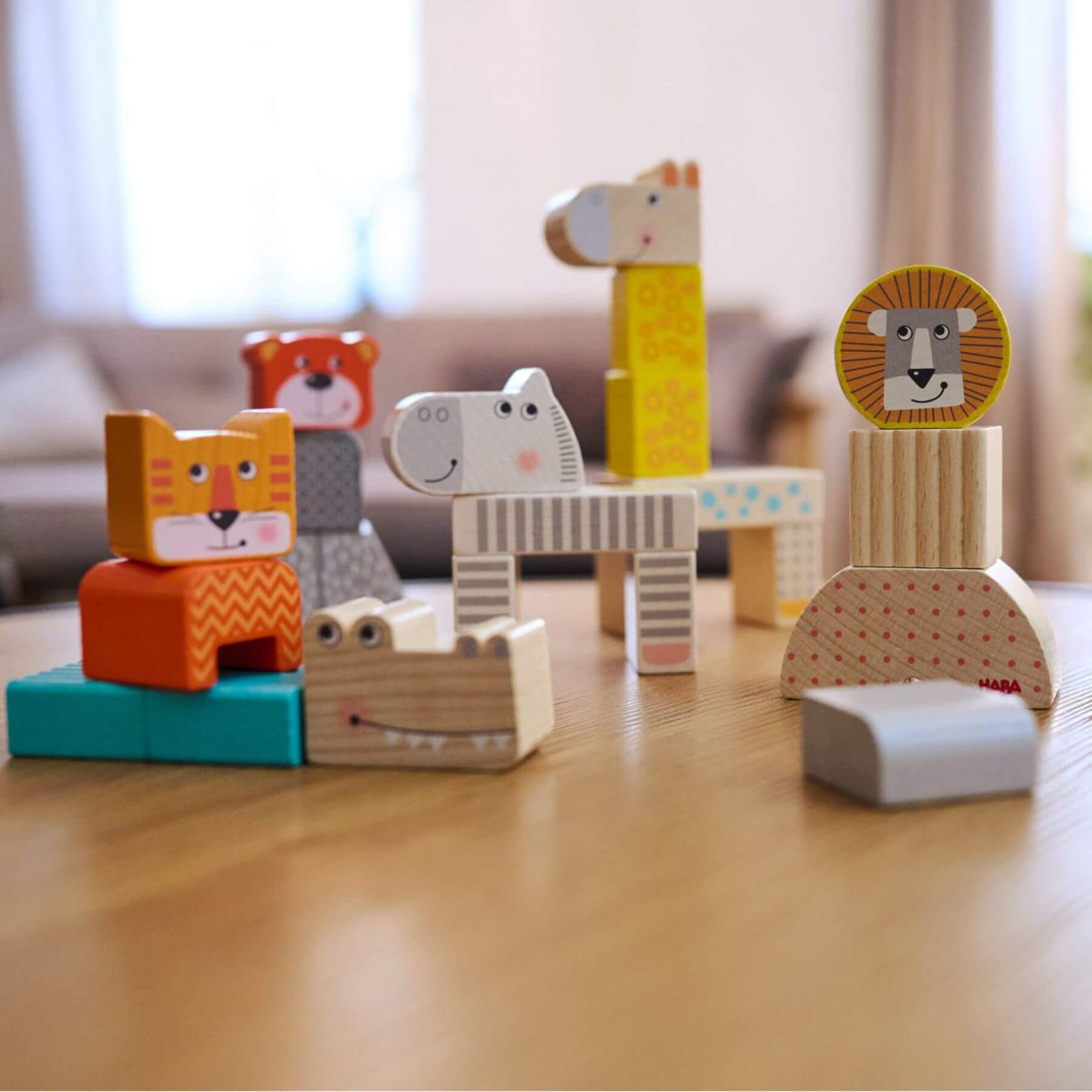 HABA USA Animal Parade Blocks on a wooden surface