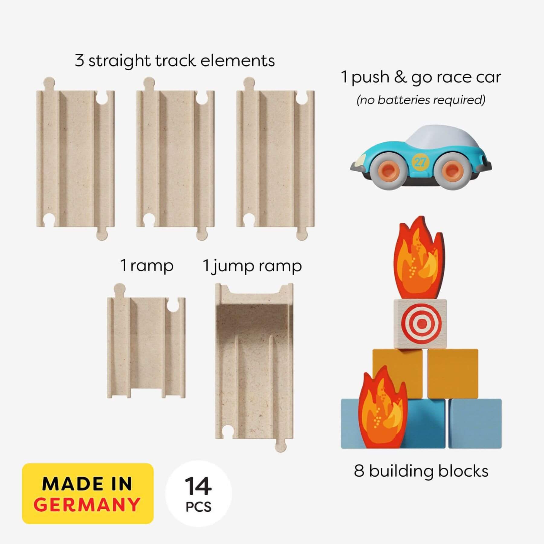 Toy track set with straight track elements, a push and go race car, a ramp, a jump ramp, and building blocks on a white background.