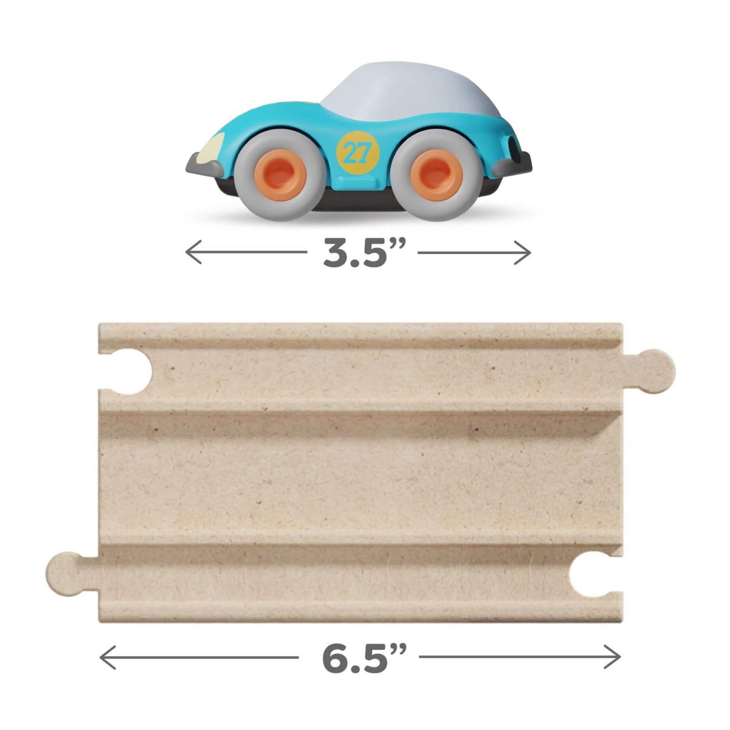 Toy car and track with measurements on a white background
