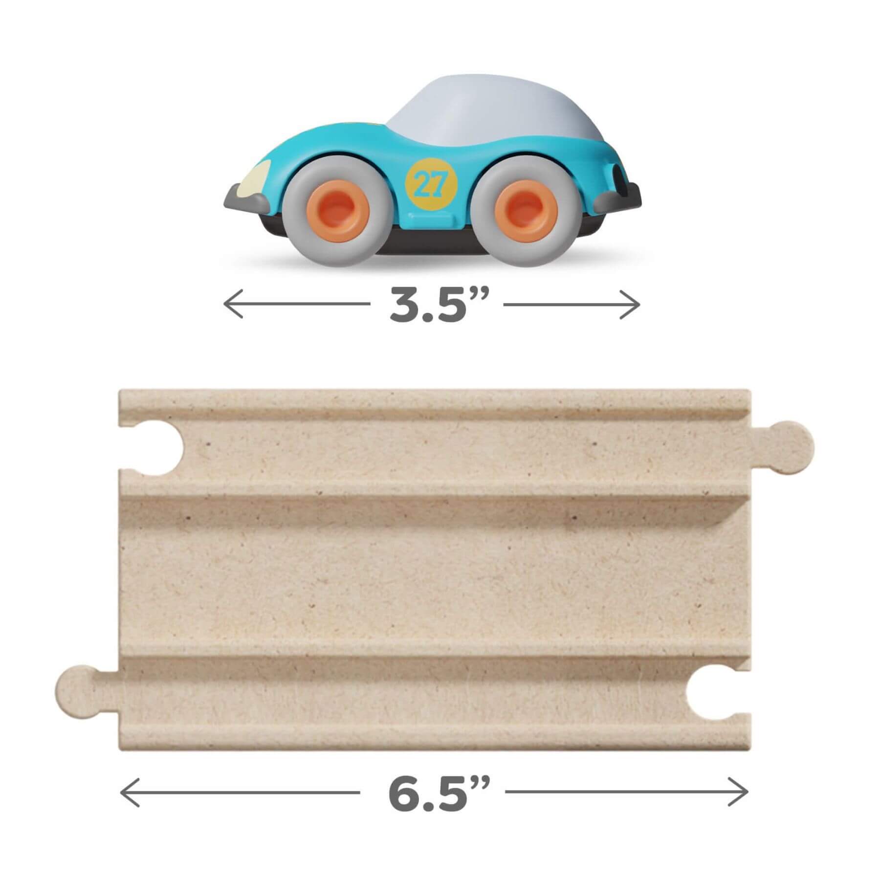Toy car and track with measurements on a white background
