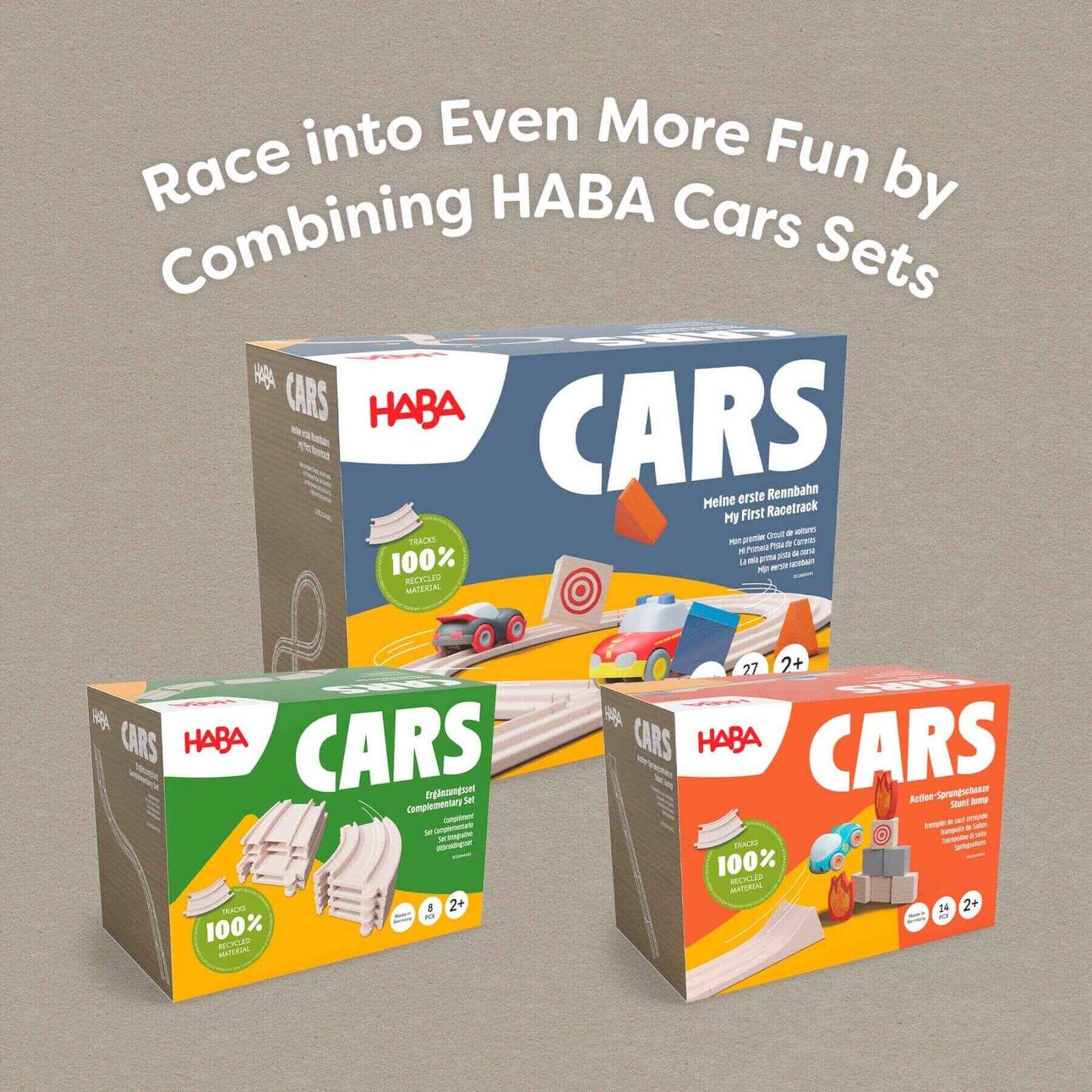 Three HABA CARS toy sets packaging on a beige background with promotional text.