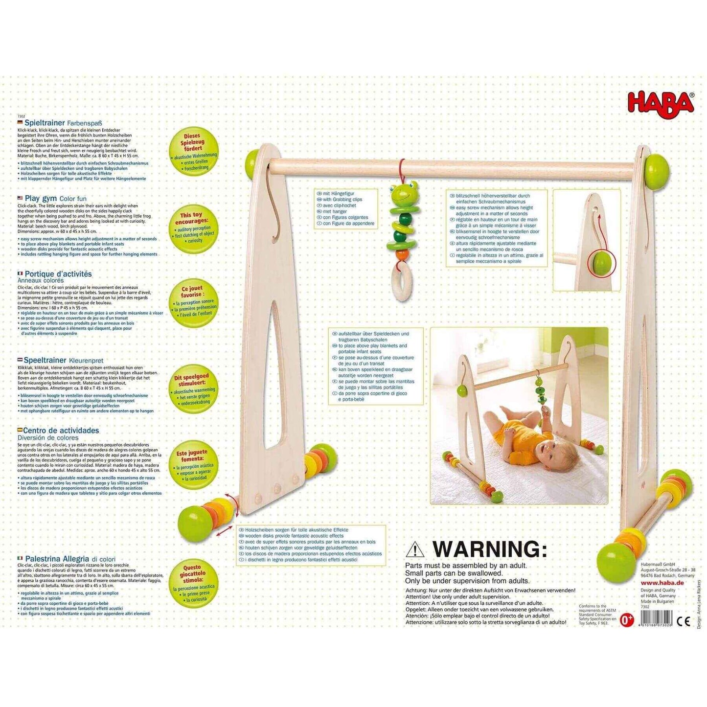 HABA baby play gym with text and images on a white background