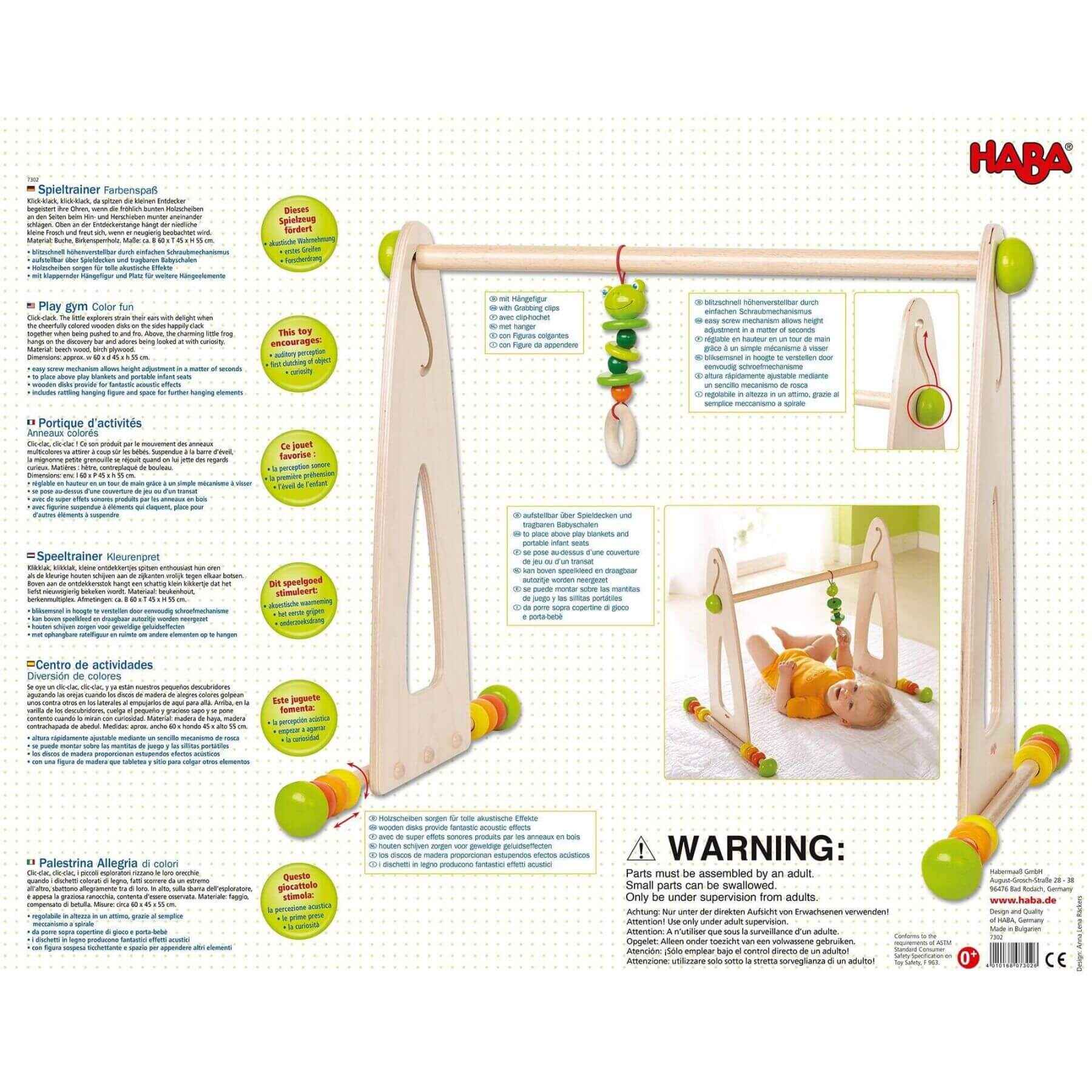 HABA baby play gym with text and images on a white background