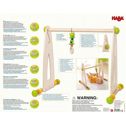 HABA baby play gym with text and images on a white background