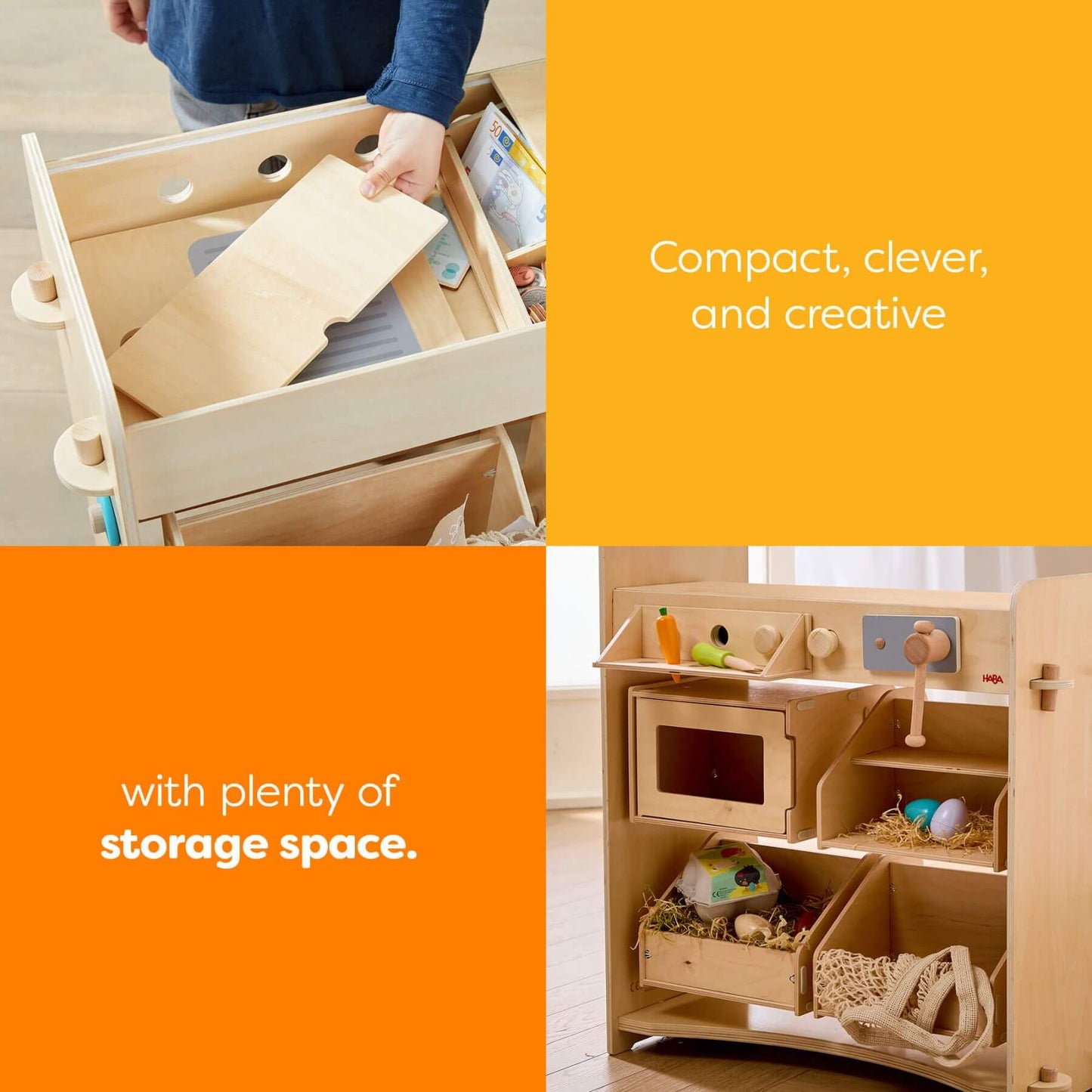 Wooden play kitchen set with storage space and text highlighting features.