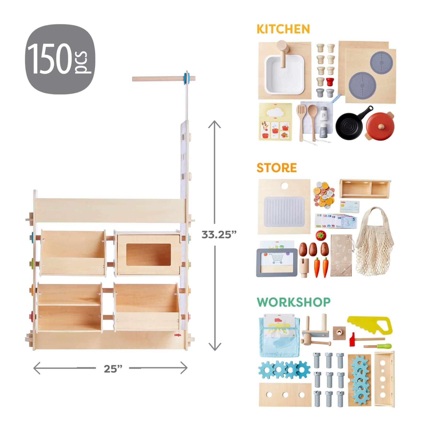 HABA USA Creative Play 3 in 1 – Play Kitchen, Store & Workshop with various components labeled for kitchen, store, and workshop on a white background.