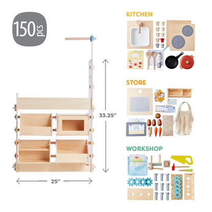HABA USA Creative Play 3 in 1 – Play Kitchen, Store & Workshop with various components labeled for kitchen, store, and workshop on a white background.