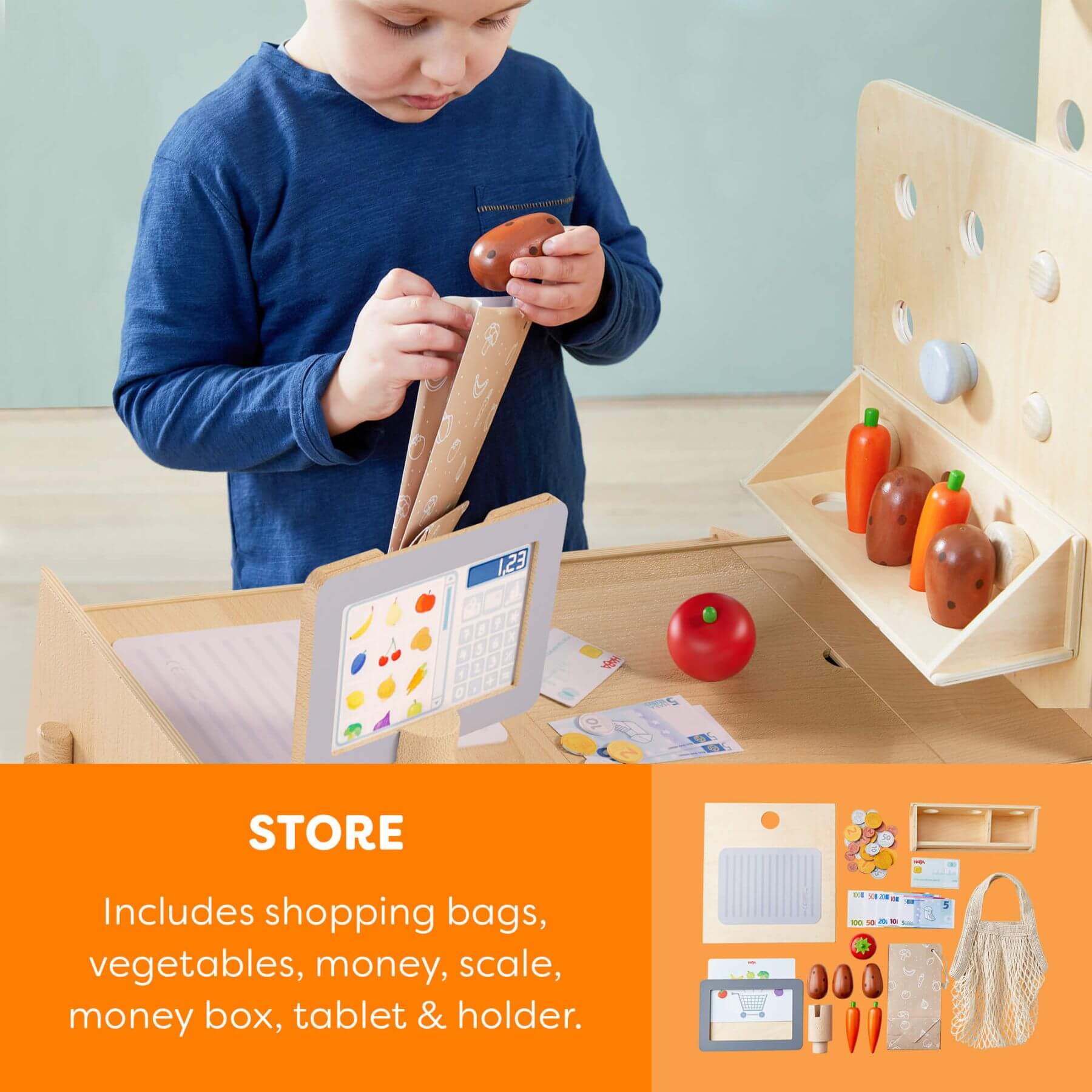 Child playing with a wooden toy set including vegetables, money, and a scale.