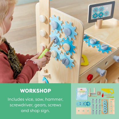 Child playing with a wooden workshop toy set, including gears and tools.