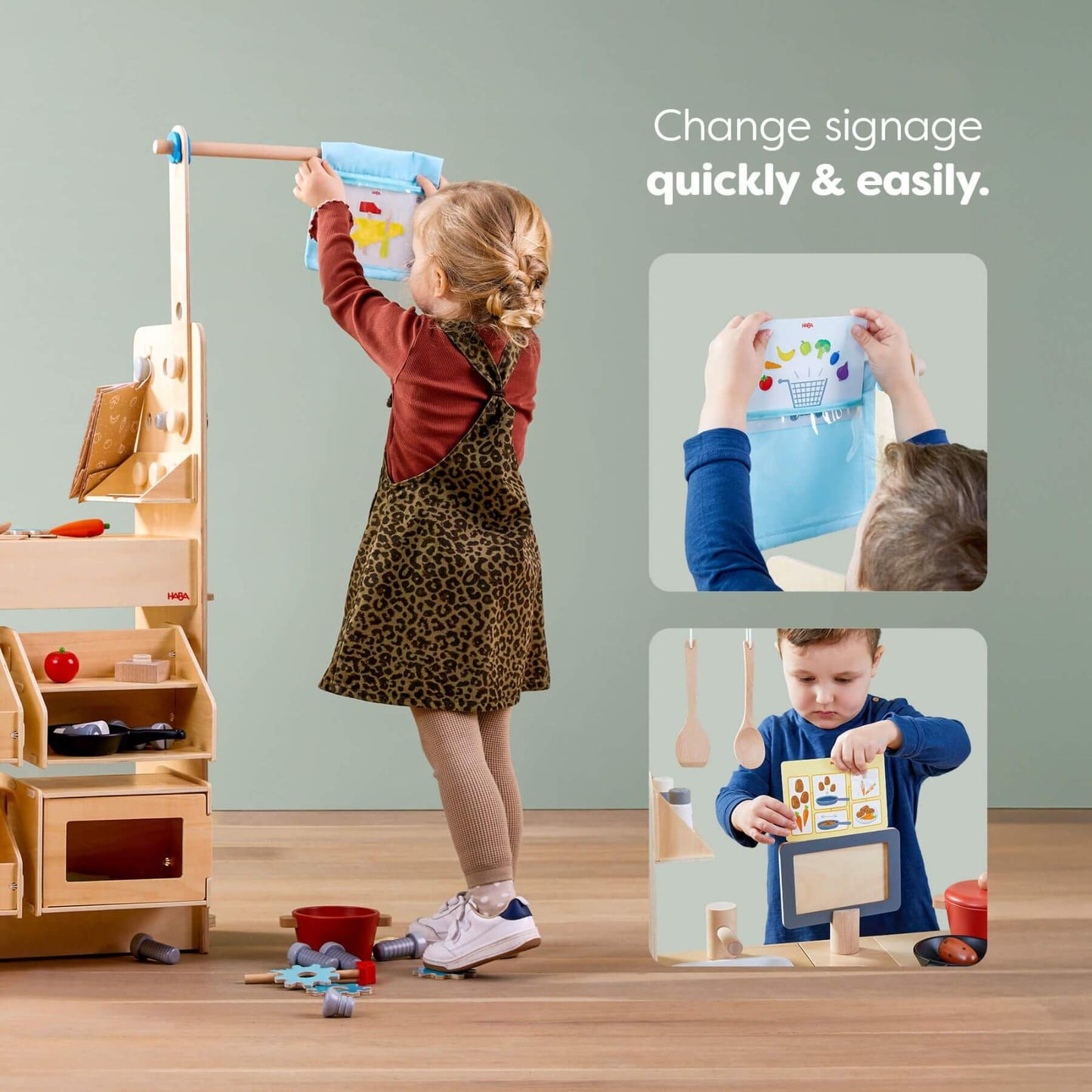 Child interacting with HABA USA Creative Play 3 in 1 – Play Kitchen, Store & Workshop, with inset images showing how to change signage.