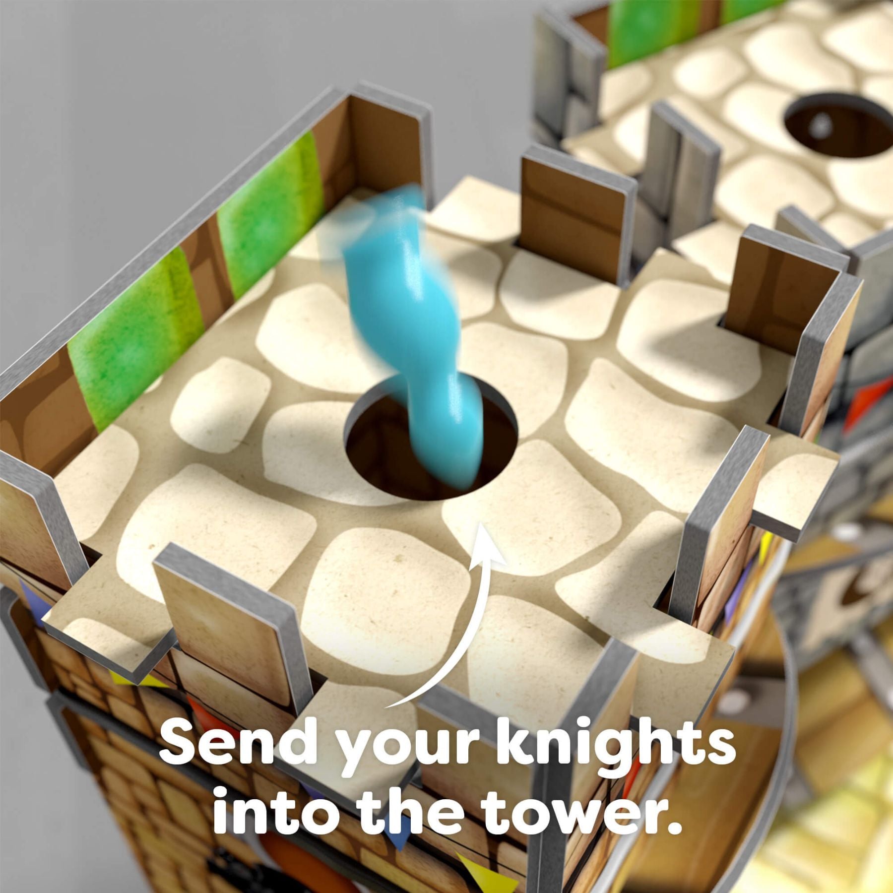 Toy castle with a tower and text 'Send your knights into the tower.'