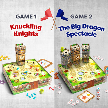 Two board game sets labeled 'Knuckling Knights' and 'The Big Dragon Spectacle' on a textured gray background.