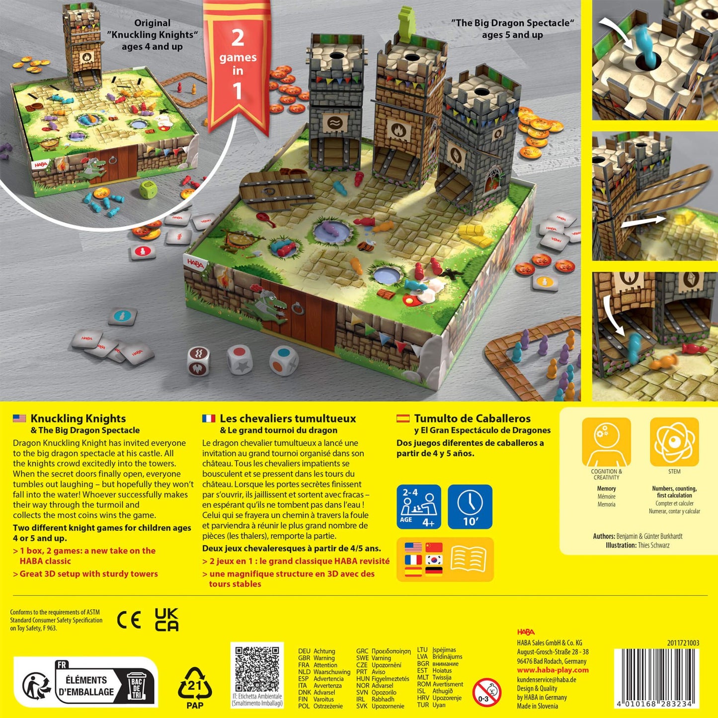 Board game packaging with castle model and game components on a yellow background