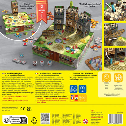 Board game packaging with castle model and game components on a yellow background