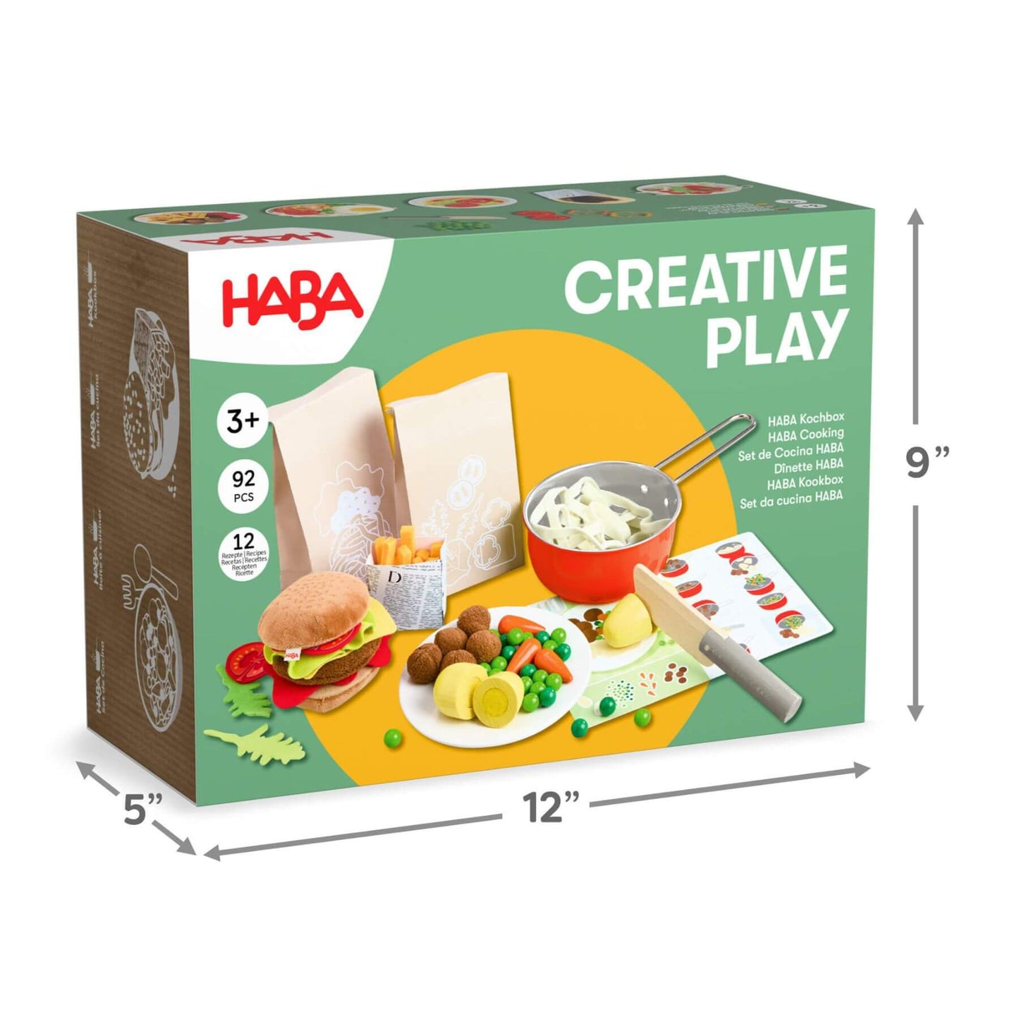 HABA Creative Play toy set packaging with dimensions and product images on a white background