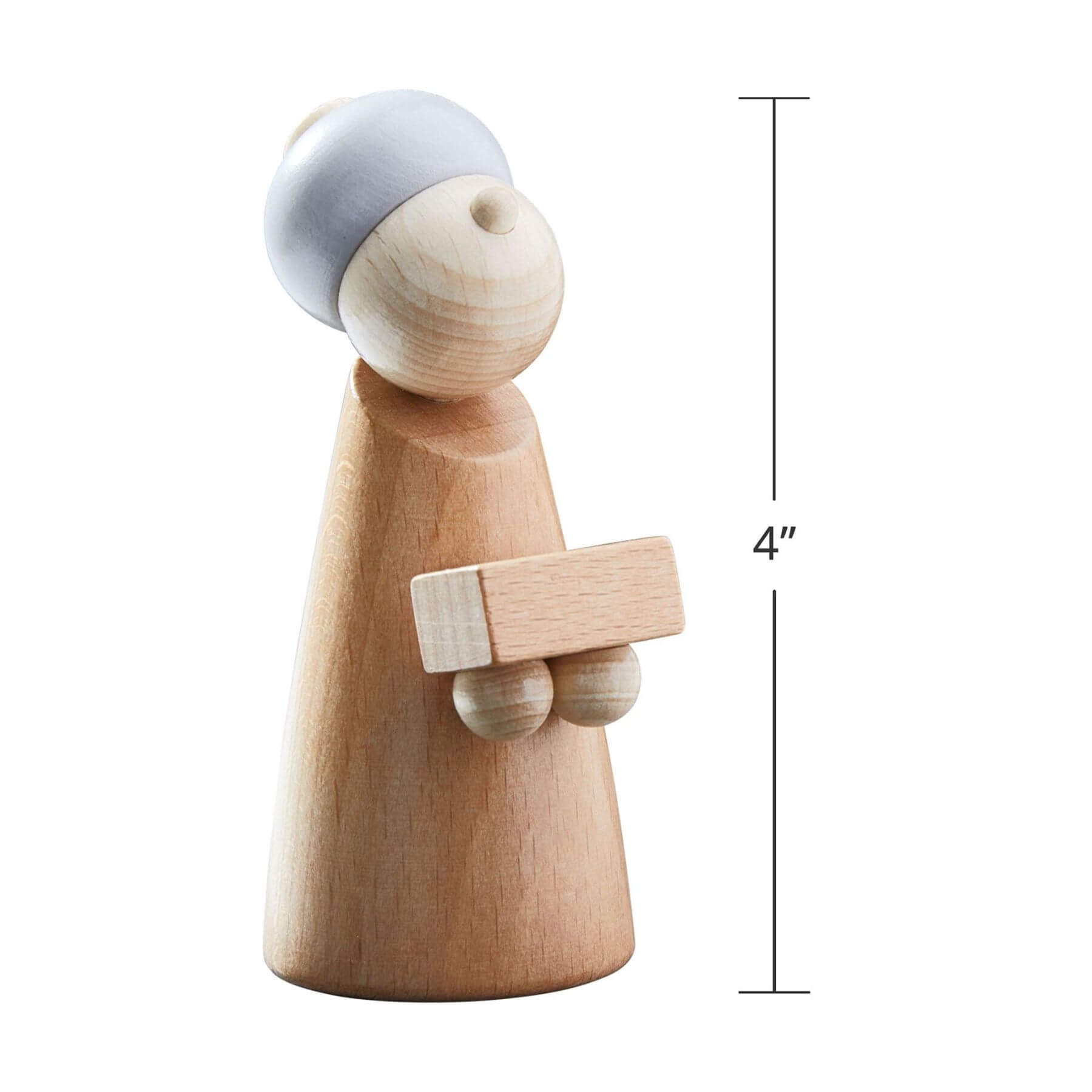 Wooden figurine with a blue hat and a box, shown with a measurement label