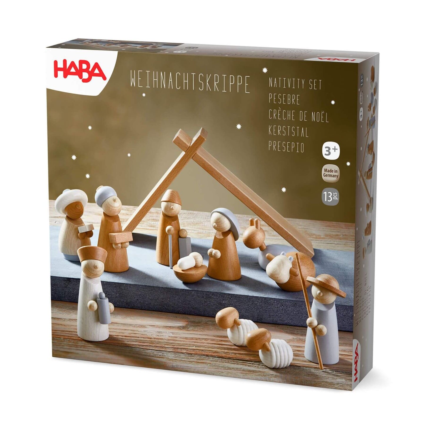 HABA nativity set packaging with wooden figures and stable