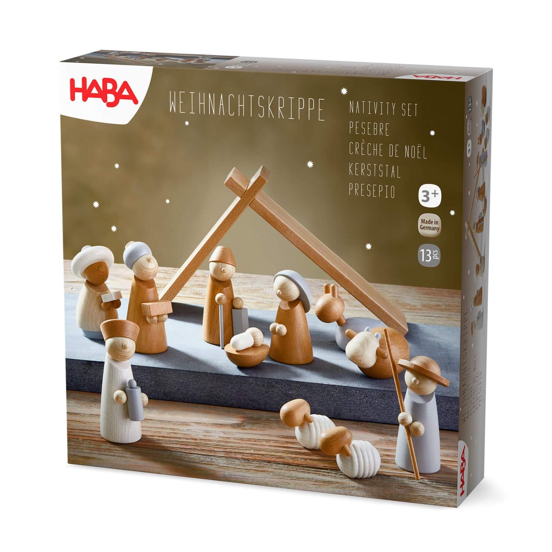 HABA nativity set packaging with wooden figures and stable