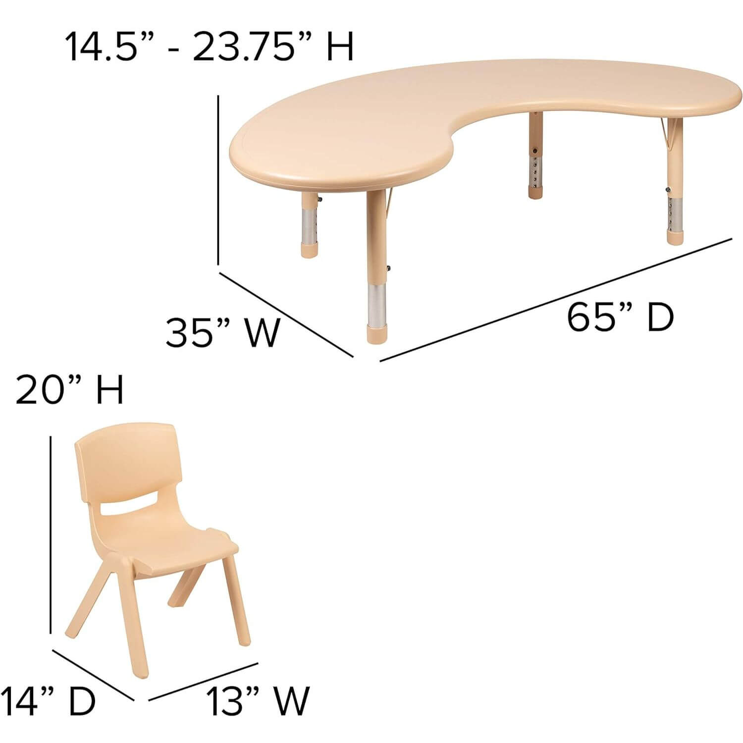 Flash Furniture Half-Moon 35"W X 65"L Natural Plastic Kids Table & 4 Chairs