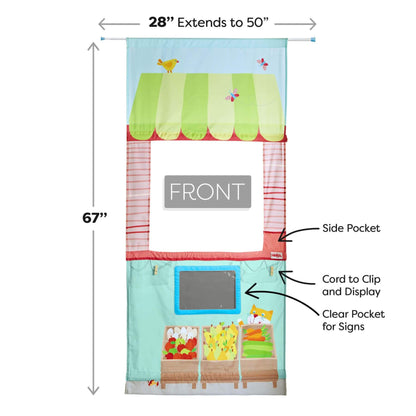 HABA USA Hanging Doorway Play Store with dimensions and features labeled on a white background