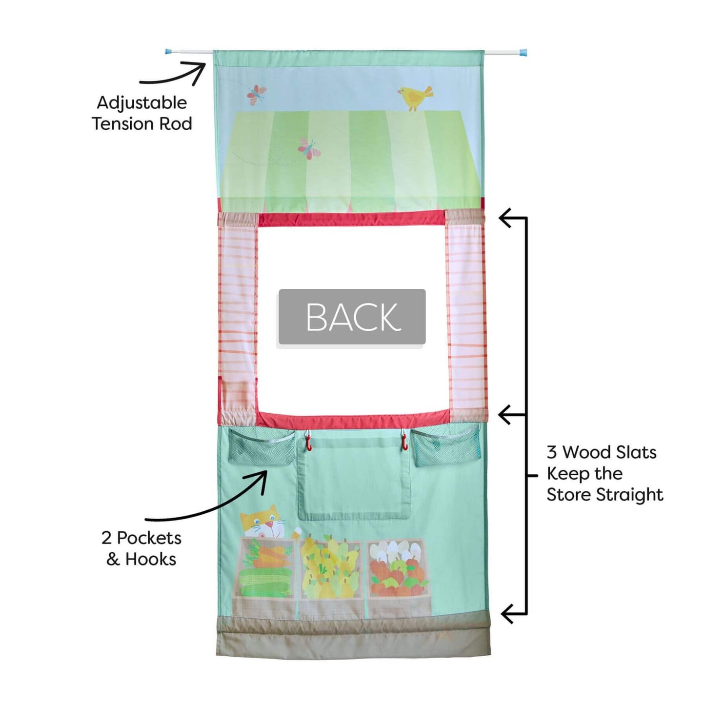 HABA USA Hanging Doorway Play Store with labeled features on a white background