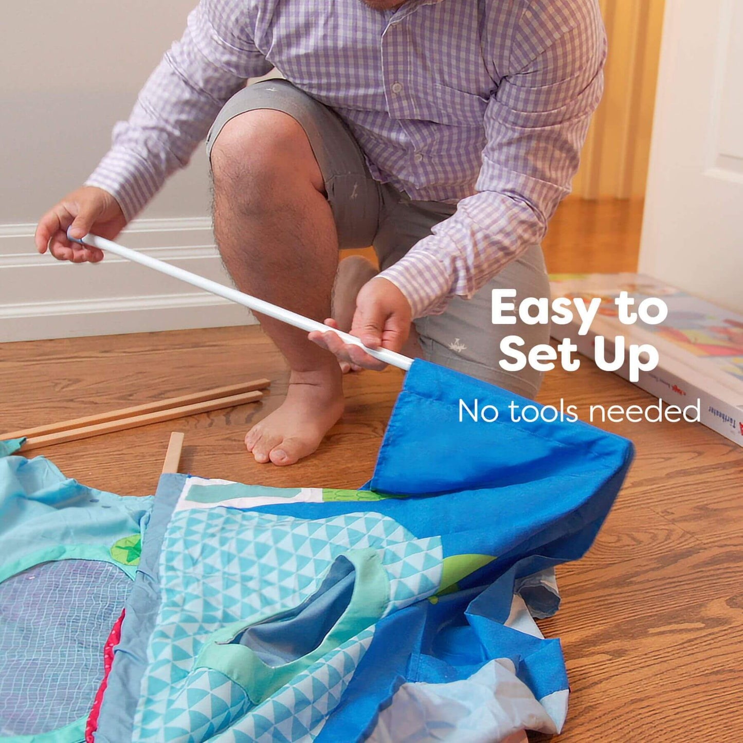 Person setting up HABA USA Hanging Doorway Puppet Theater with text 'Easy to Set Up, No tools needed'.