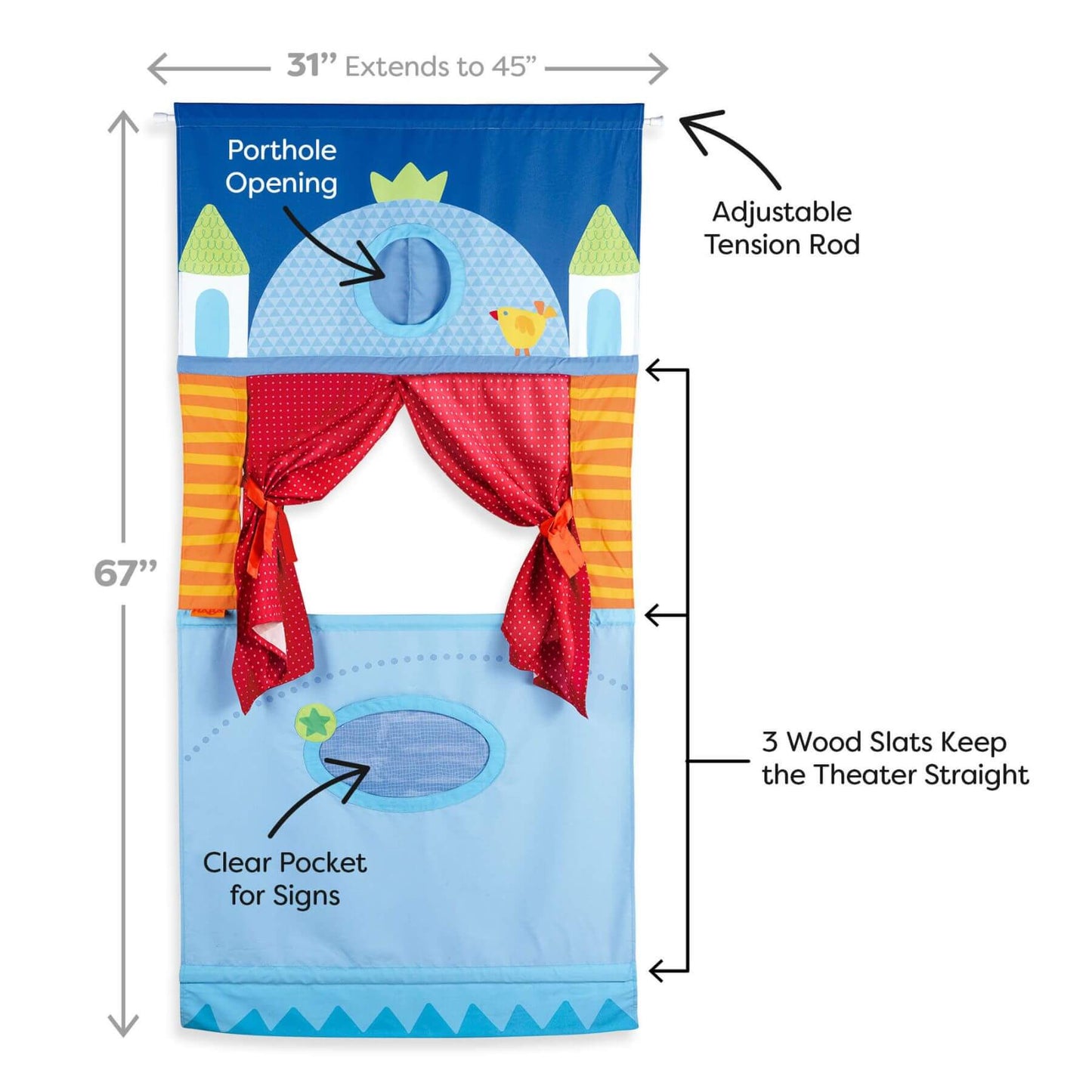 Measurement chart of HABA USA Hanging Doorway Puppet Theater and features labeled.
