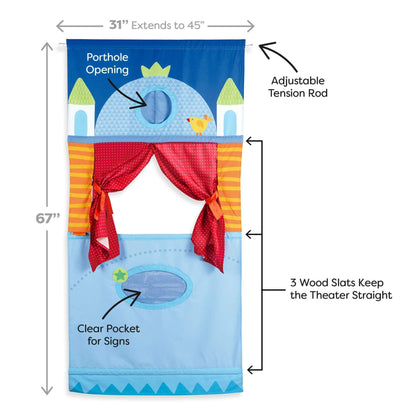 Measurement chart of HABA USA Hanging Doorway Puppet Theater and features labeled.