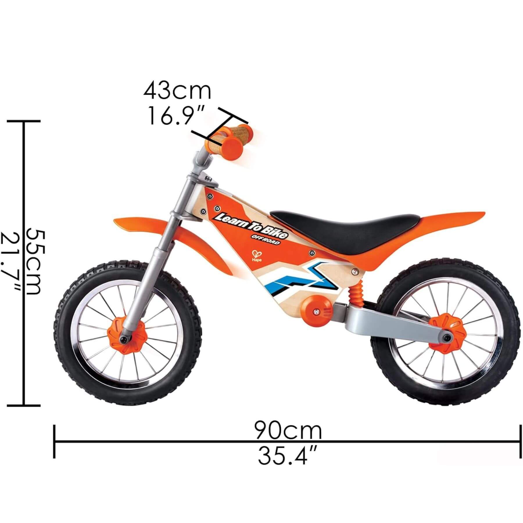Hape Off Road Balance Bike with measurements on a white background