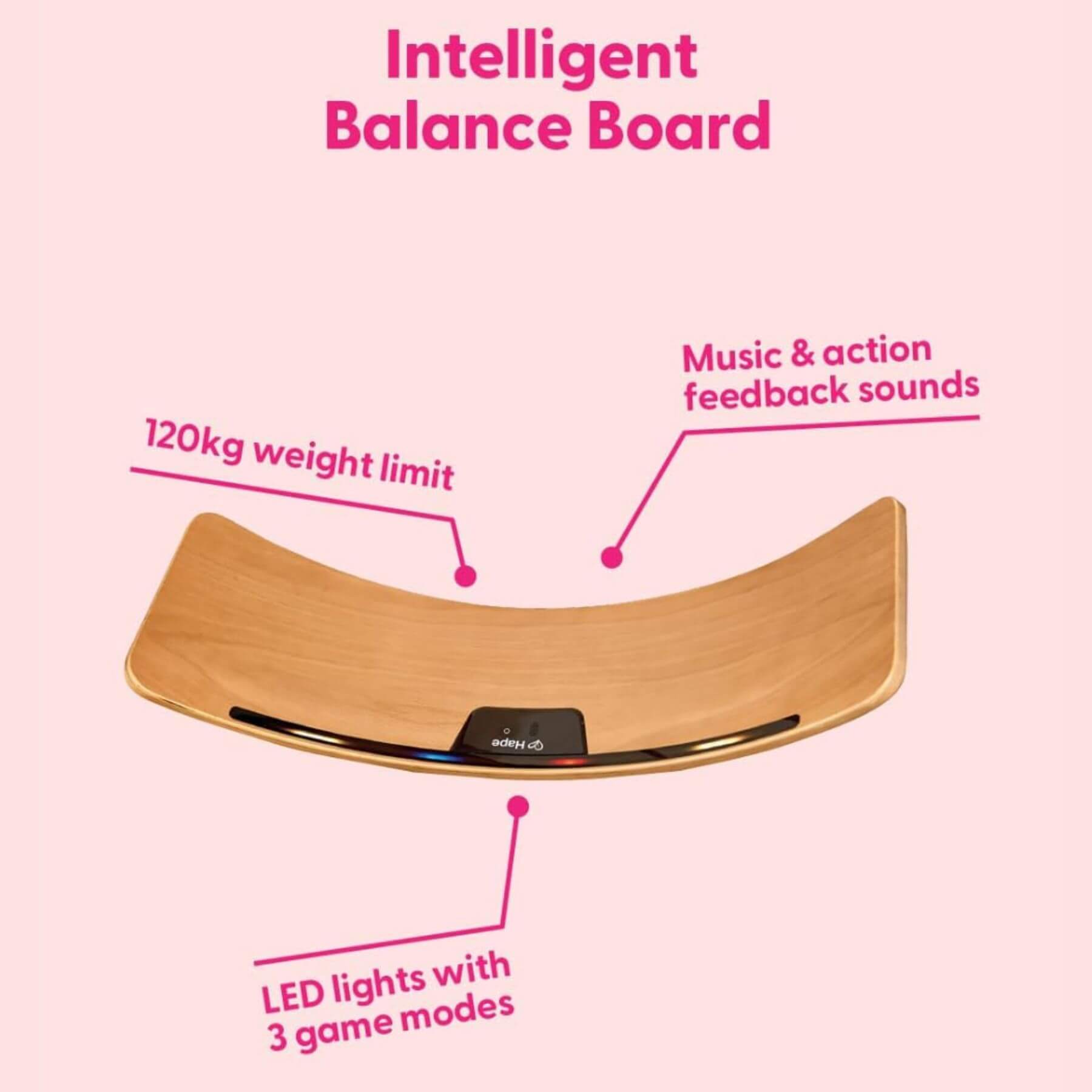 Hape Light Up Balance Board with features highlighted on a pink background