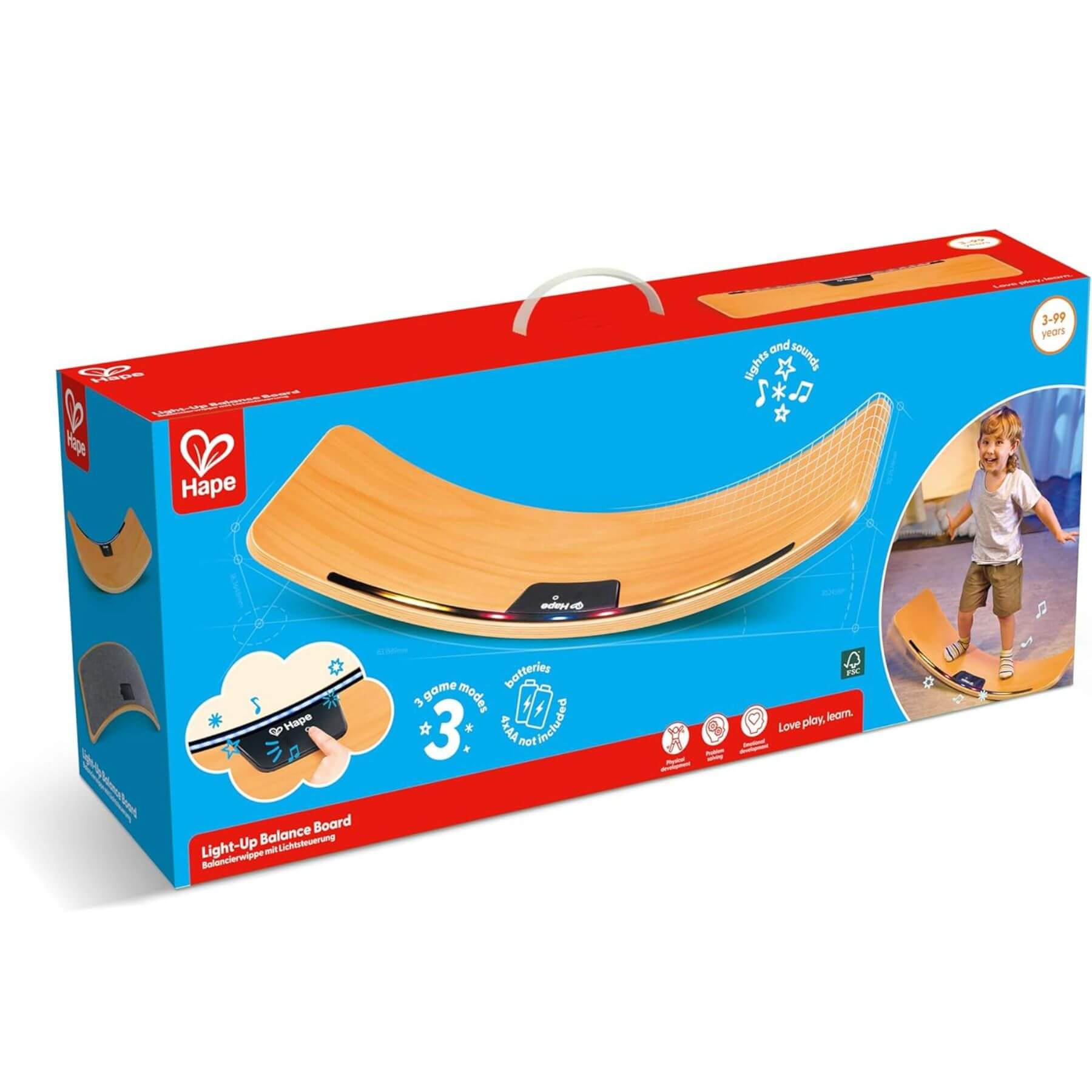 Hape light-up balance board packaging on a white background