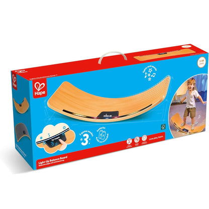 Hape light-up balance board packaging on a white background