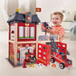 Child playing with Hape City Fire Station in a living room.