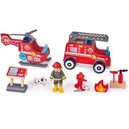 Toy fire truck, helicopter, firefighter figure, and accessories