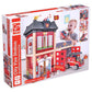 Hape City Fire Station toy set packaging with a child playing with a toy fire truck.