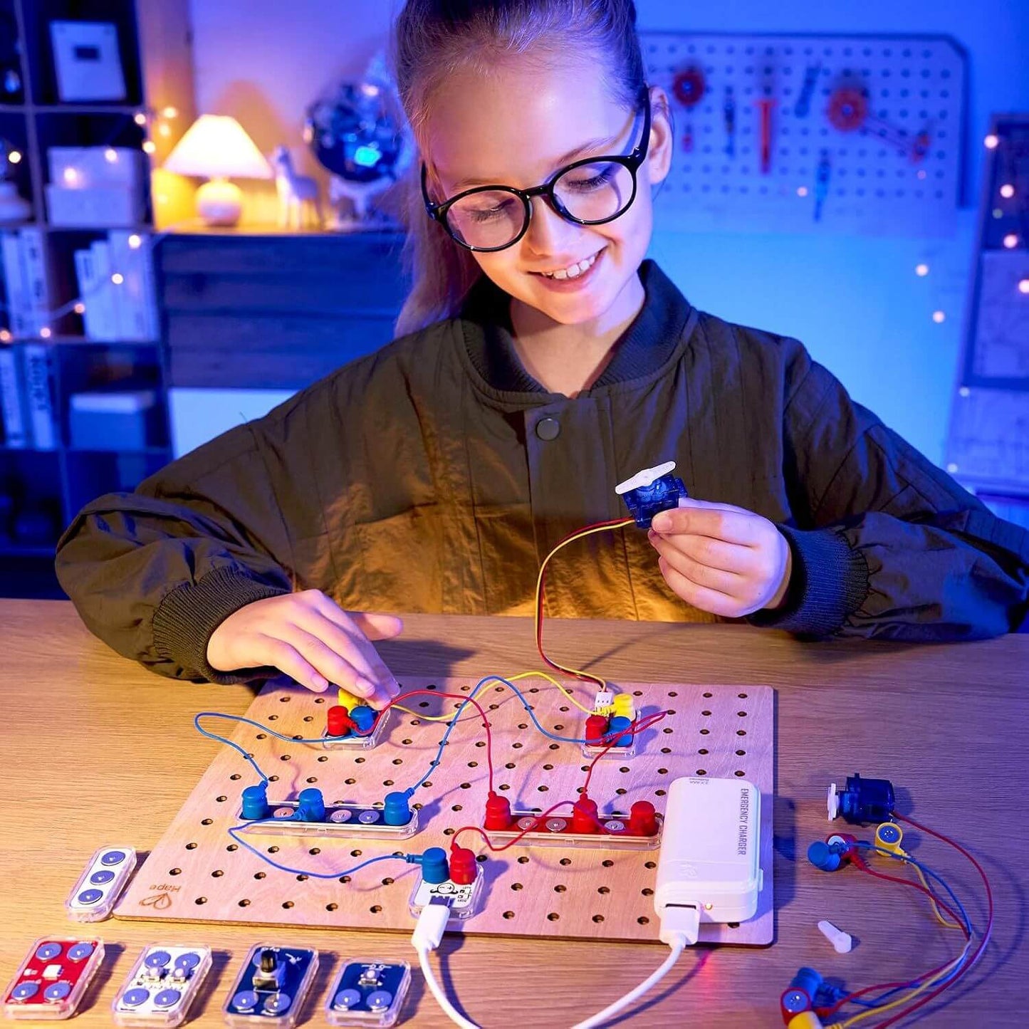 A girl is playing Hape Lab Box Circuit Explorer Boost at a desk